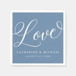 Serviette En Papier Script Floral Moderne, Amour, Bleu Dusty