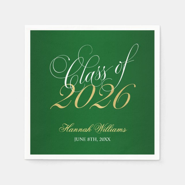 Serviette En Papier Script Green Gold Classe de 2025 Graduation (Devant)