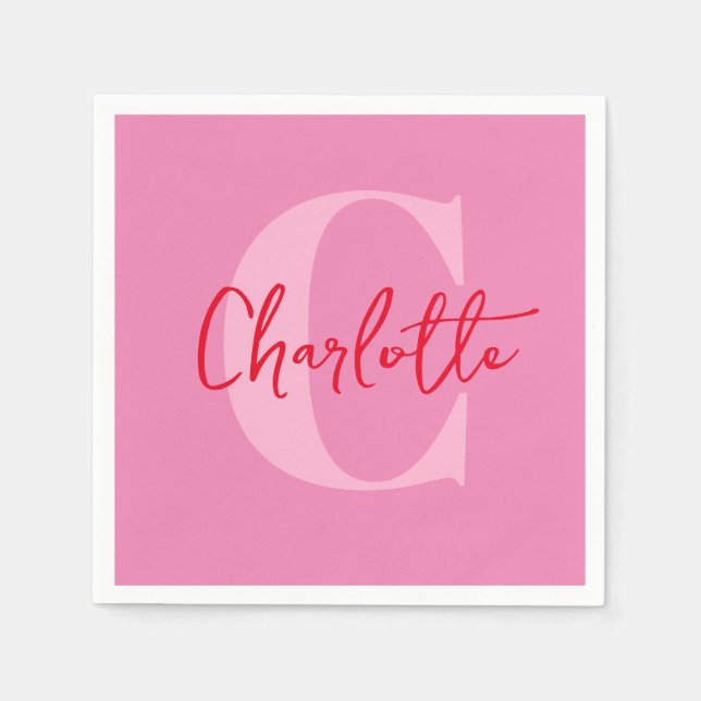 Serviette En Papier Script manuscrit Quirky Whimsy Monogramme rose (Devant)