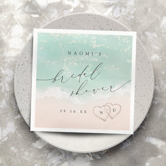 Serviette En Papier Script moderne Fête des mariées de plage Sand Hear (Modern Script Sand Hearts Beach Bridal Shower Napkins)