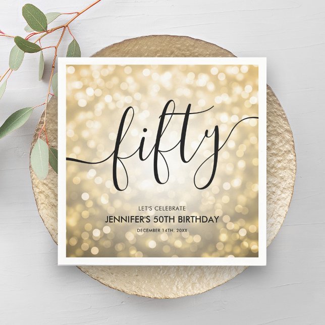 Serviette En Papier Script moderne Lumières Parties scintillant or 50e (Modern Script Gold Glitter Lights 50th Birthday Napkins)