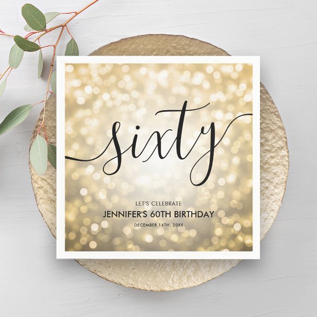Serviette En Papier Script moderne Lumières Parties scintillant or 60e (Modern Script Gold Glitter Lights 60th Birthday Napkins)