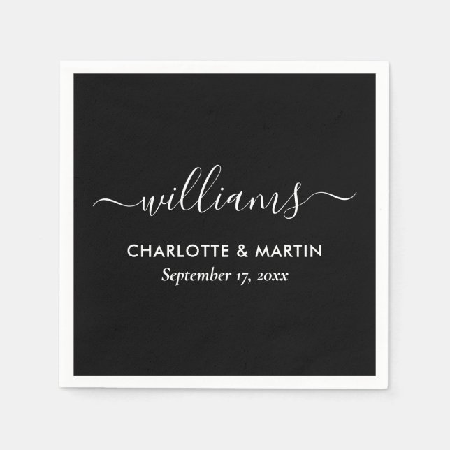 Serviette En Papier Script moderne Mariage noir et blanc (Devant)