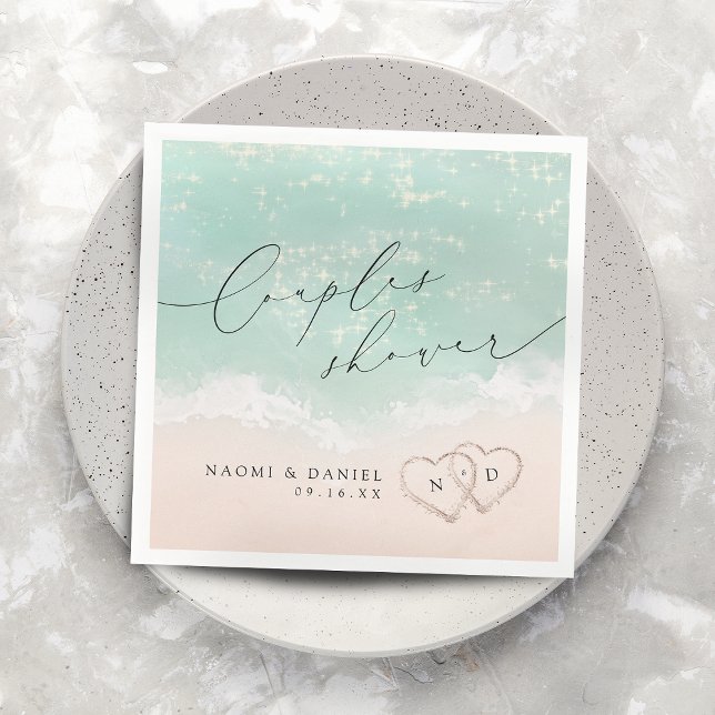 Serviette En Papier Script moderne Sable Hearts Plage Couples Douche (Modern Script Sand Hearts Beach Couples Shower Napkins)