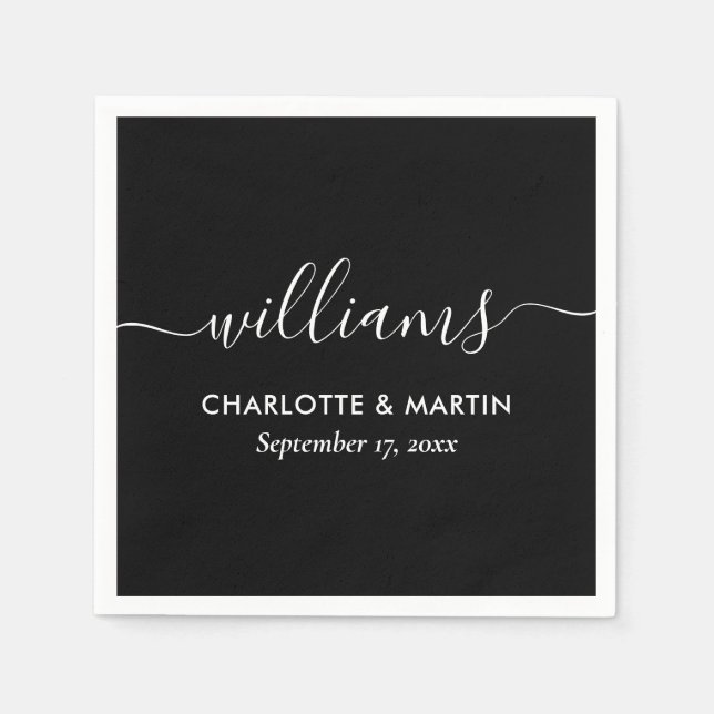 Serviette En Papier Script moderne simple élégant Mariage noir blanc (Devant)