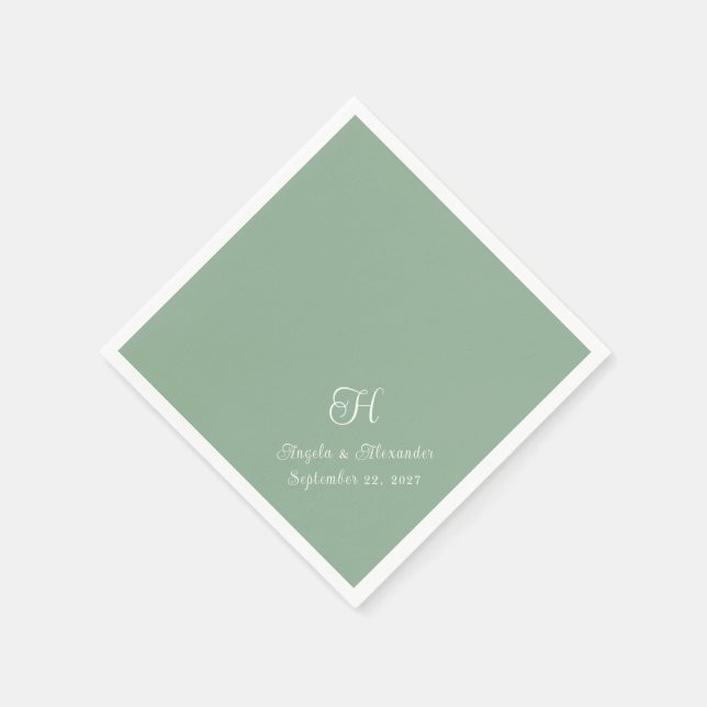 Serviette En Papier Script Monogramme Mariage vert et blanc (Coin)