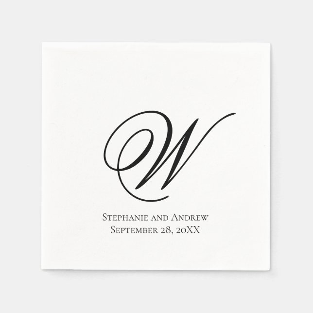 Serviette En Papier Script Monogramme Noir Blanc Élégant Mariage (Devant)