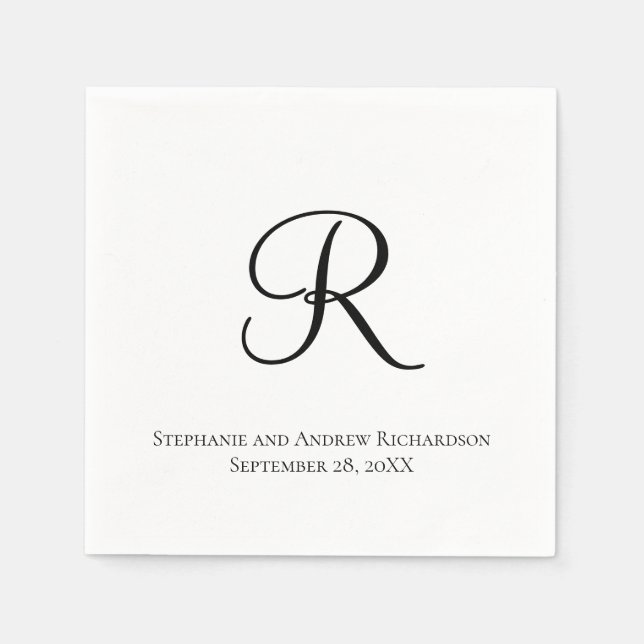 Serviette En Papier Script Monogramme noir blanc élégant mariage servi (Devant)