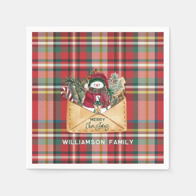 Serviette En Papier Script Plaid Noël Personnalisé Famille Papier Rust (Devant)