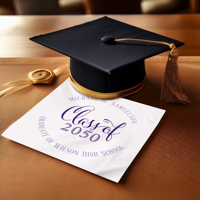 Serviette En Papier Script Purple Graduation Party personnalisé (Purple school color graduation custom napkin)