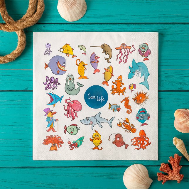 Serviette En Papier Sea Life Animaux Colorful Ocean Caractères (Créateur téléchargé)
