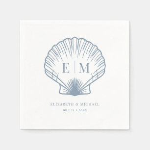 Serviette En Papier Seashell Beach Monogram Dusty Blue Mariage