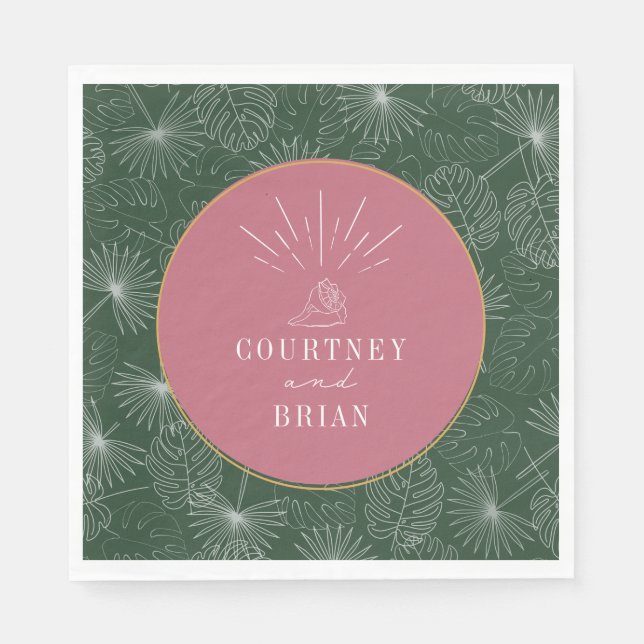 Serviette En Papier Seashell Pink & Green Palm Plage tropicale Mariage (Devant)