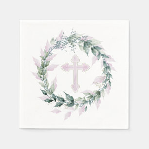 Serviette En Papier Serre et croix rose Communion Baptême Christening