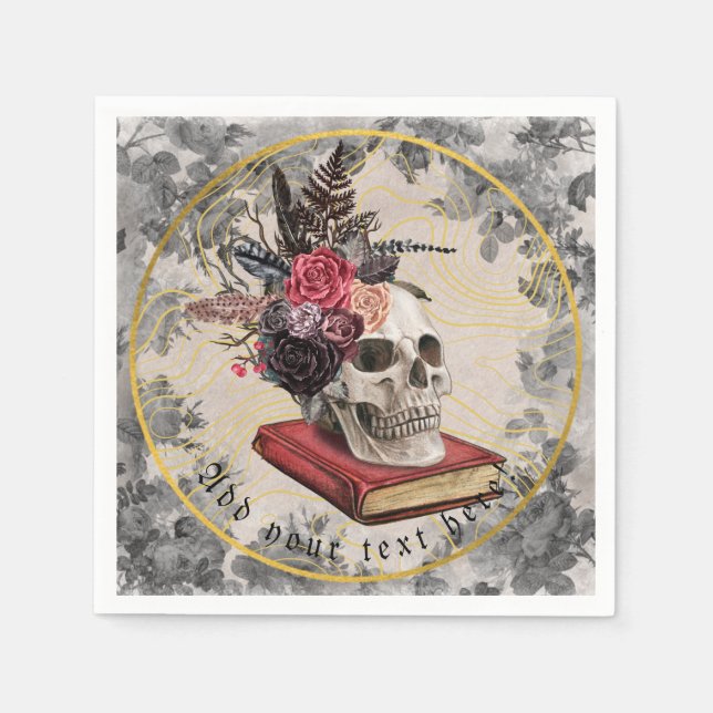 Serviette En Papier Serviette crâne gothique avec couronne florale vin (Devant)