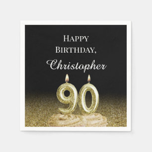 Serviette En Papier Serviettes 90e anniversaire noir, blanc et or