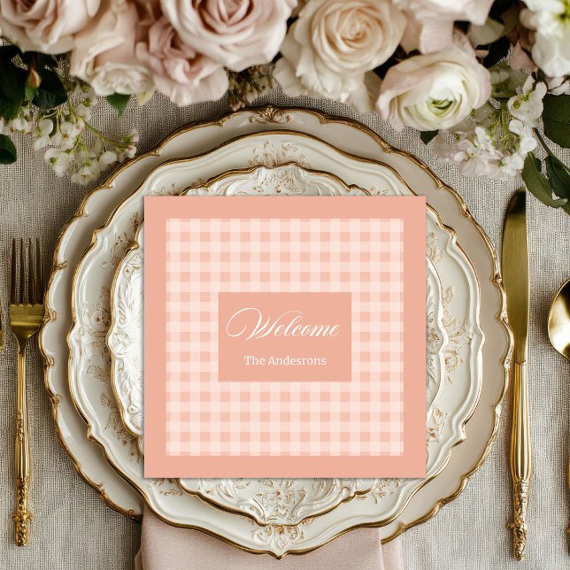 Serviette En Papier Serviettes à carreaux corail personnalisées de sty (Personalized Coral Plaid Napkins Chic Table Style)