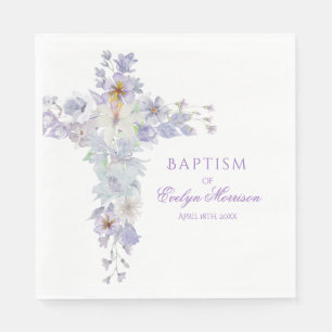 Serviette En Papier Serviettes de baptême à croix florale lavande
