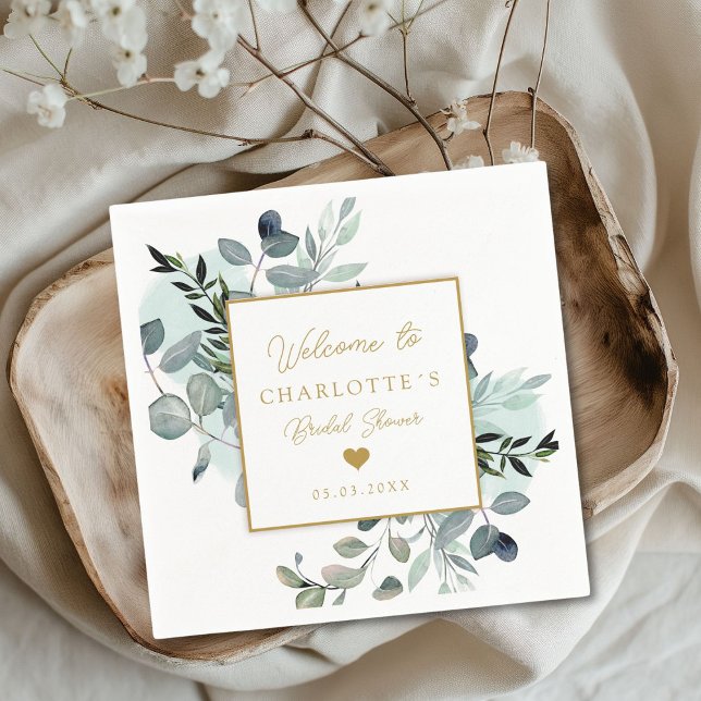 Serviette En Papier Serviettes de douche pour mariée à l'eucalyptus mo (Modern, elegant eucalyptus bridal shower napkins with your name and date.)
