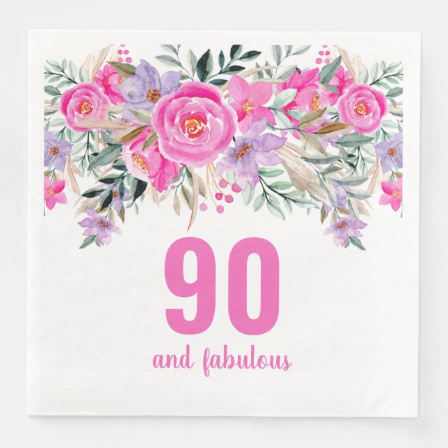 Serviette En Papier Serviettes de fête fleurie rose 90e anniversaire (Devant)