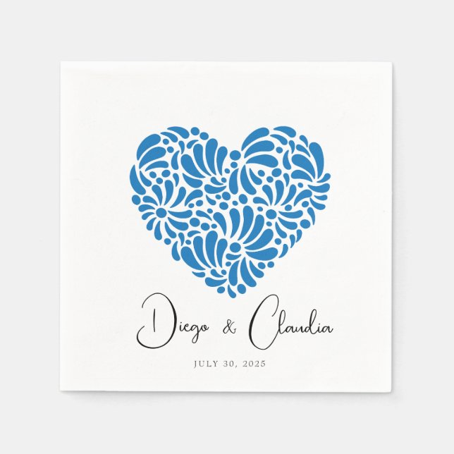 Serviette En Papier Serviettes de mariage à coeur en Talavera bleue (Devant)