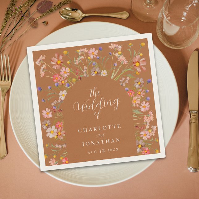 Serviette En Papier Serviettes de mariage automnales élégantes à motif (Terracotta brown boho chic floral arch fall wedding personalized napkin Watercolor wildflowers )