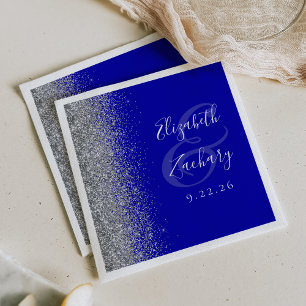 Serviette En Papier Serviettes de mariage bleu royal pailletées argent