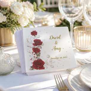 Serviette En Papier Serviettes de mariage élégantes rouges, or et blan