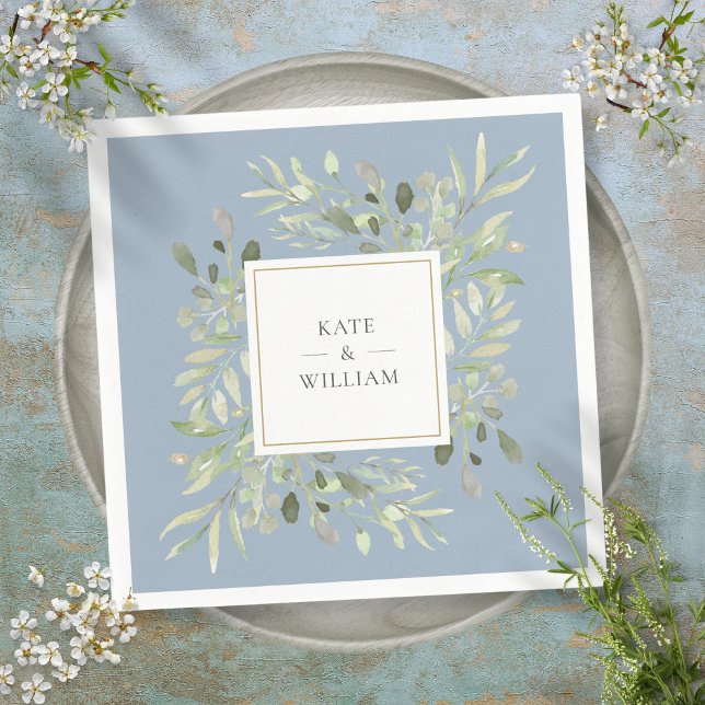 Serviette En Papier Serviettes de Mariage en feuillage bleu Dusty (Dusty Blue Greenery Foliage Wedding Napkins)