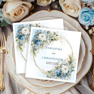 Serviette En Papier Serviettes de mariage en or floral bleu intemporel