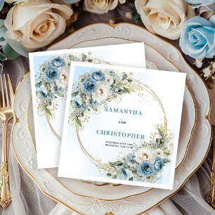 Serviette En Papier Serviettes de mariage Glam fleurs blanches or bleu