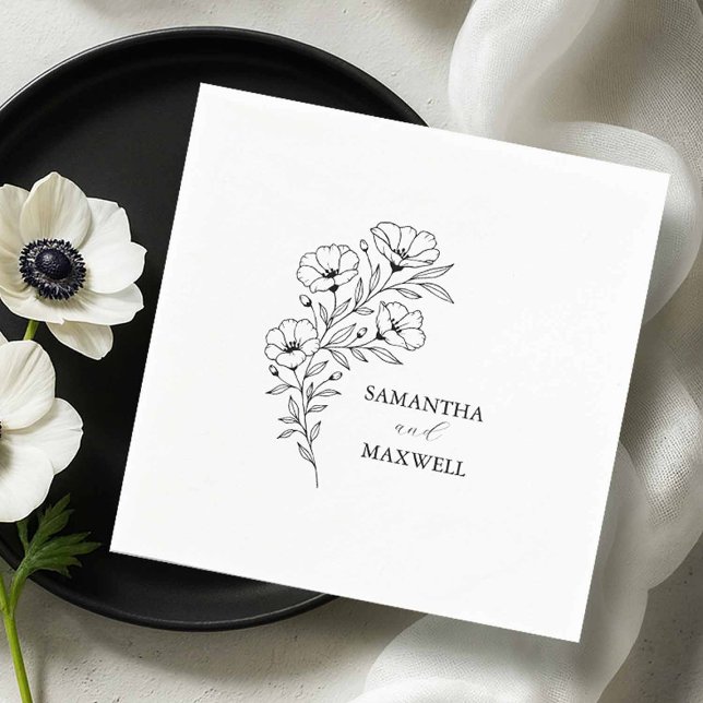 Serviette En Papier Serviettes de mariage personnalisées Flore noir et (custom wedding napkins black and white anemone flowers line art by Victoria of Do Tell A Belle)