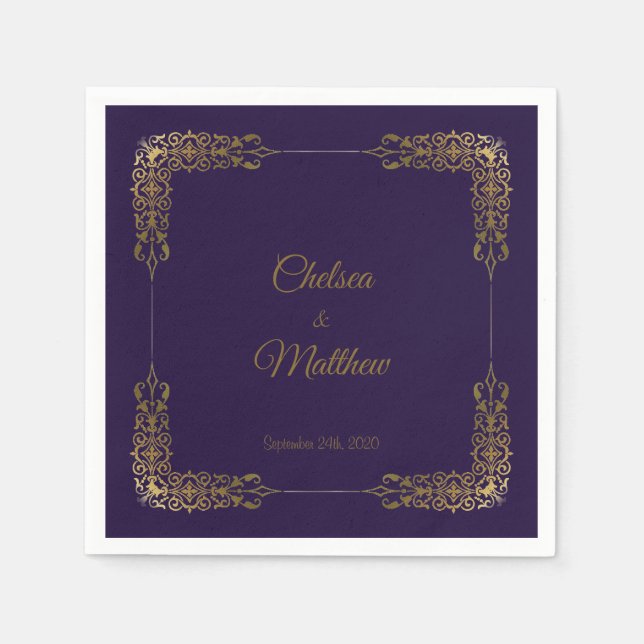 Serviette En Papier Serviettes de Mariage pourpre à bordure dorée (Devant)