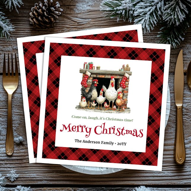 Serviette En Papier Serviettes de Noël fantaisistes avec poulets perso (Elegant Quirky Chickens Editable Custom Name Christmas Napkins

)
