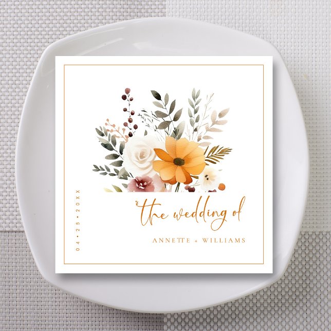 Serviette En Papier Serviettes élégantes Mariage de automne Aquarelle  (Elegant Watercolor Fall Bouquets Script Wedding  Napkins)