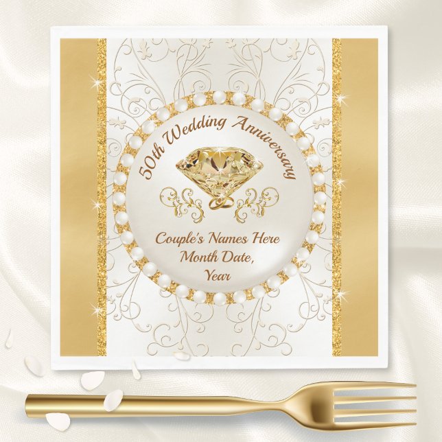 Serviette En Papier Serviettes en ivoire et Mariage d'or, 50e (Stunning Personalized, 50th wedding anniversary napkins. Cocktail, Dinner or Luncheon Paper Napkins.)