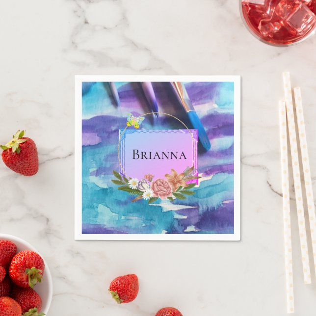 Serviette En Papier Serviettes en papier, Fleurs florales aquarelles (En situation)