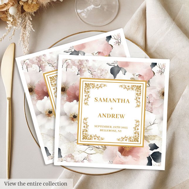 Serviette En Papier Serviettes mariages en ivoire d'or brillant (Floral blush ivory gold watercolor wedding napkins)