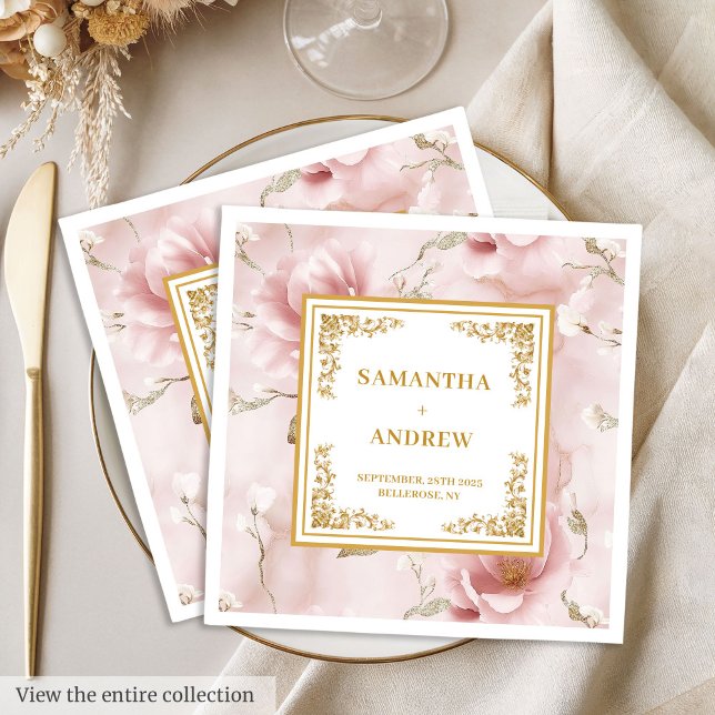Serviette En Papier Serviettes mariages en ivoire rouge tendance or aq (Trendy blush ivory gold watercolor wedding napkins)