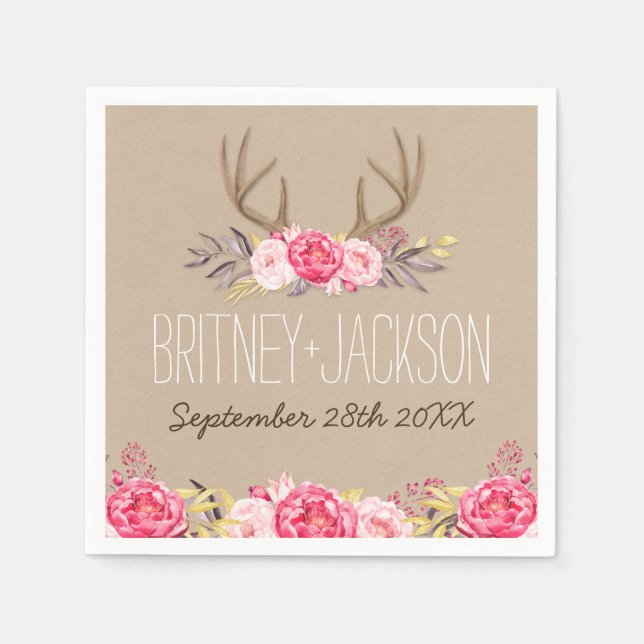 Serviette En Papier Serviettes Rustique Peony et Mariage Deer Antler (Devant)