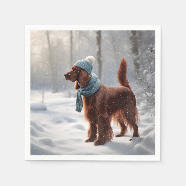 Serviette En Papier Setter Irlandais Dans La Forêt Neige (Devant)