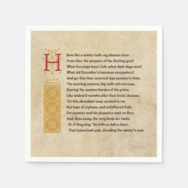 Serviette En Papier Shakespeare Sonnet 97 (XCVII) sur Parchemin (Devant)