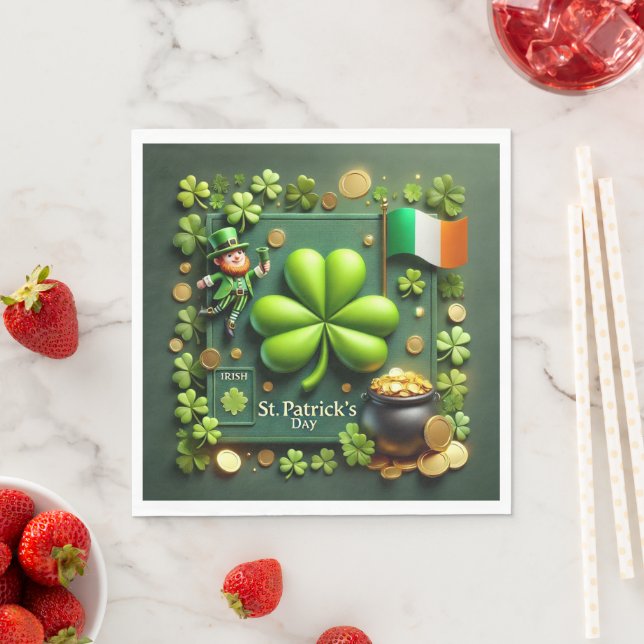 Serviette En Papier Shamrock de la Saint Patrick et Leprechaun (En situation)