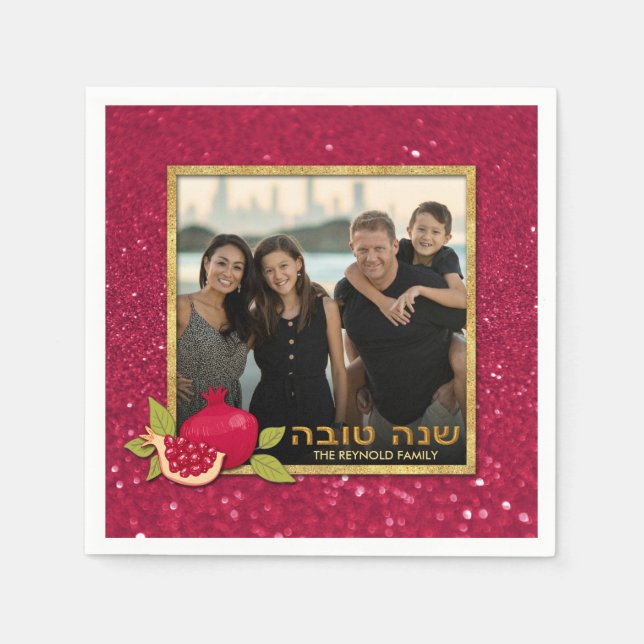Serviette En Papier Shana Tova Gold Parties scintillant rouge Photo gr (Devant)