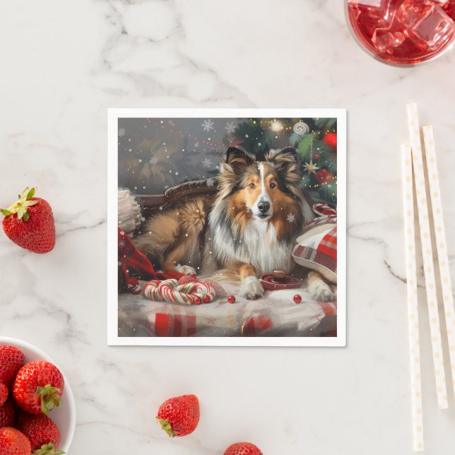 Serviette En Papier Shetland Sheepdog Festif de Noël (En situation)
