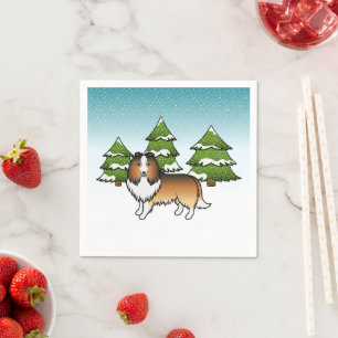 Serviette En Papier Shetland Sheepdog Sable Dans Une Forêt D'Hiver