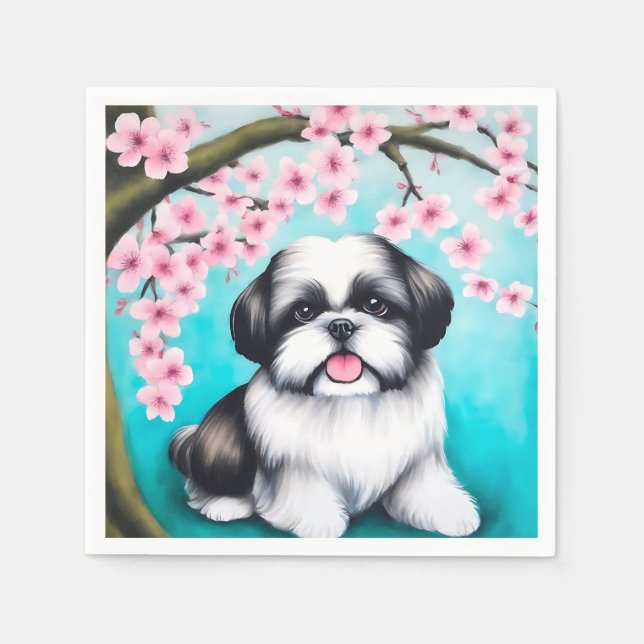 Serviette En Papier Shih Tzu en fleurs de cerisiers orientaux (Devant)
