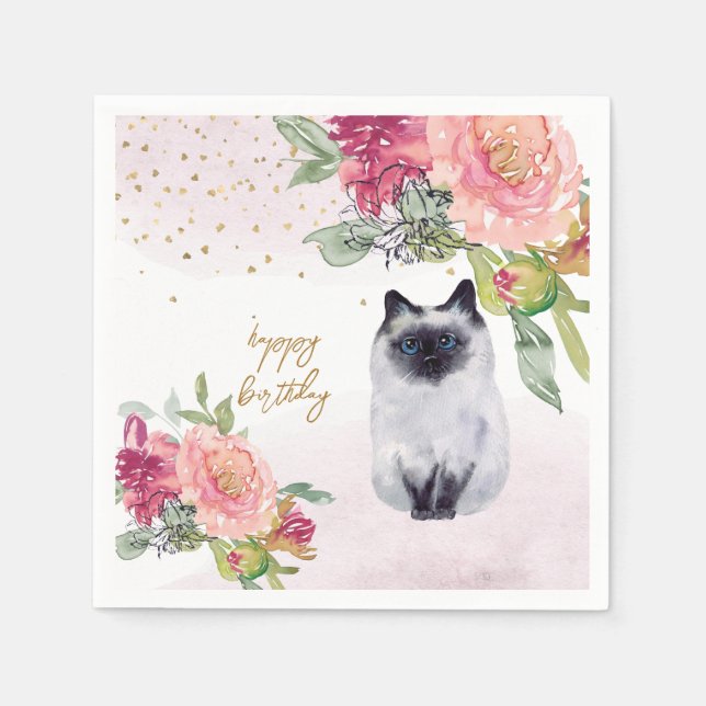 Serviette En Papier Siamese Cat Illustration joyeuse fête de fille d'a (Devant)