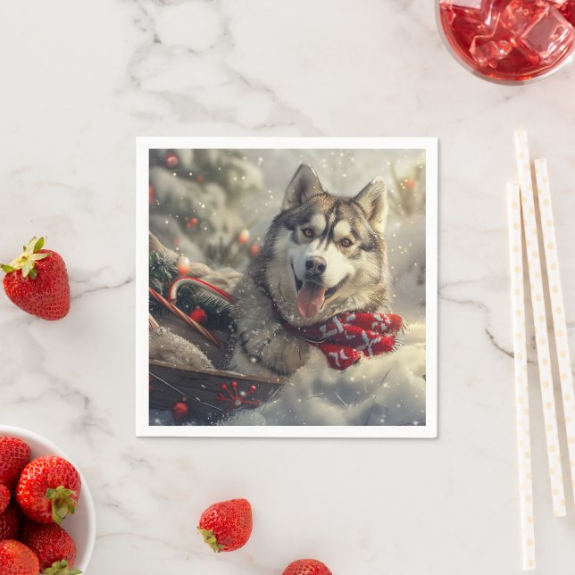 Serviette En Papier Sibérie Husky Chien Festif de Noël (En situation)