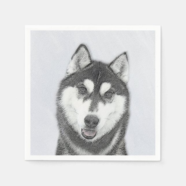 Serviette En Papier Sibérie Husky (noir et blanc) Peinture Chien Art (Devant)